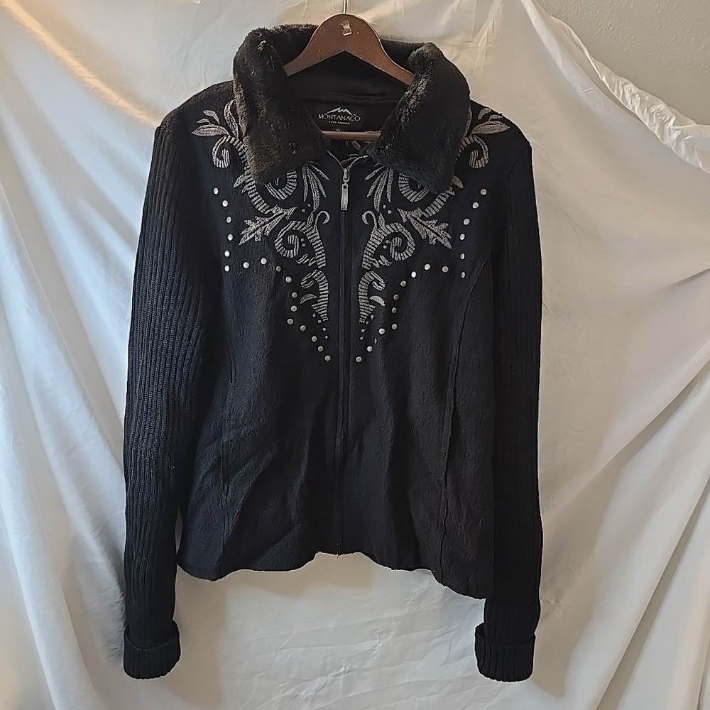 Montanaco Womens Jacket Black XL Studded Embroidered Faux Fur Collar Statement!